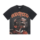 Cross-border gs american high street washed retro skull racing machine girl printing short-sleeved fashion