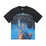 Cross-border gs american high street washed retro skull racing machine girl printing short-sleeved fashion