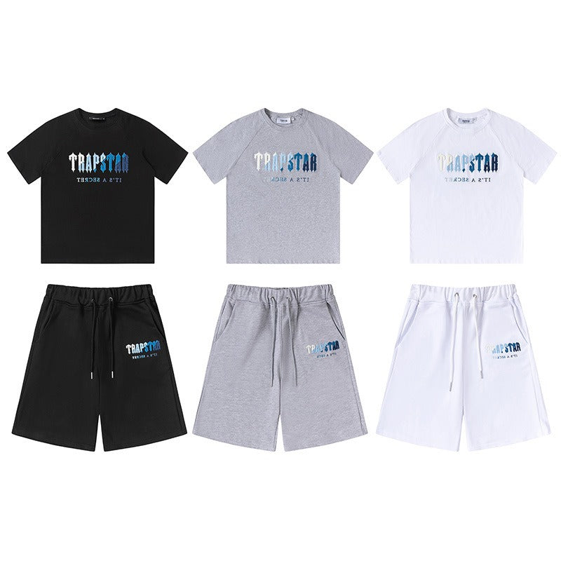 Factory direct trapstar rainbow letter gradient towel embroidery short sleeve t-shirt & fog high street shorts set