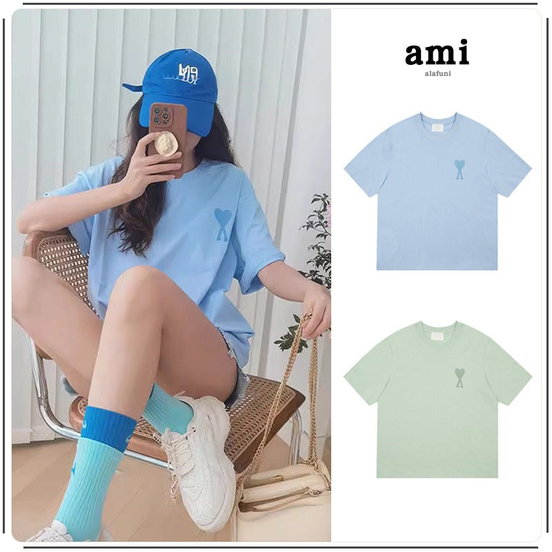 Am short-sleeve macaron color heart embroidery pure cotton loose summer fashion t-shirt crew neck top
