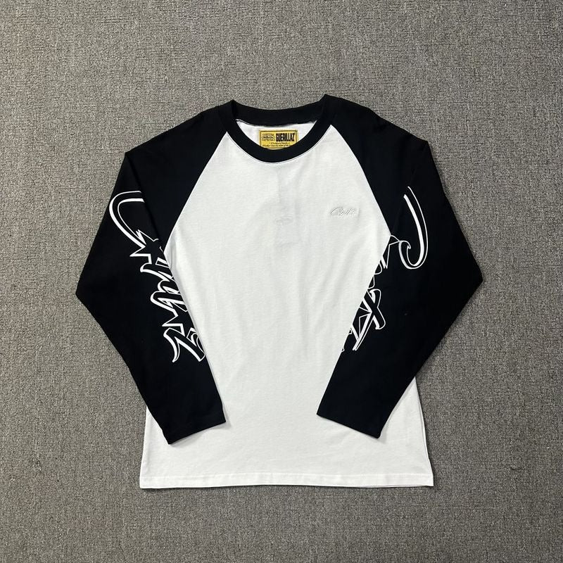Corteiz patchwork "unicorn arm" print long sleeve american retro casual loose streetwear hip hop t-shirt