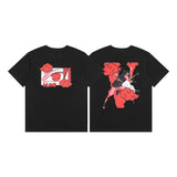Cross-border supply large v letter lne cherry blossom short half-sleeve sketch embroidery lip print graffiti print short