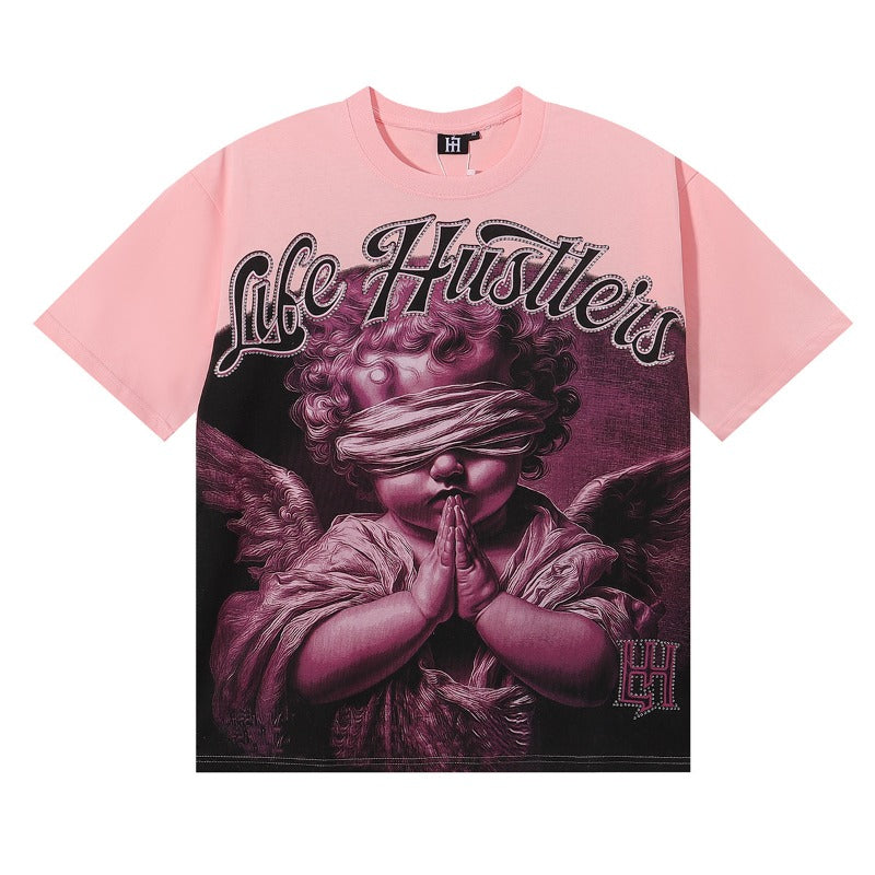 Meichao life husters masked tattoo angel print hotfix rhinestone lettering oversized casual short sleeve t-shirt