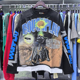 American retro style roughplay jesus faux two-piece long sleeve sweatshirt - skull rock washed distressed ripped