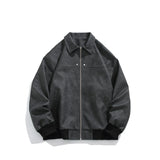 Unisex Baseball Jersey Vintage Lapel Leather Jacket Loose Pu Leather Casual Jacket
