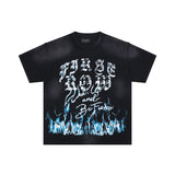 First row wake up and be fierce flame tee hot diamond washed and distressed short