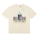 Rhude T Shirts Coconut Sunset Sailing Printing Cotton Casual Loose Short Sleeve Men and Women