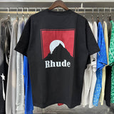 Rhude T Shirts Red Sunset Print Cotton Casual Short Sleeve Men and Women