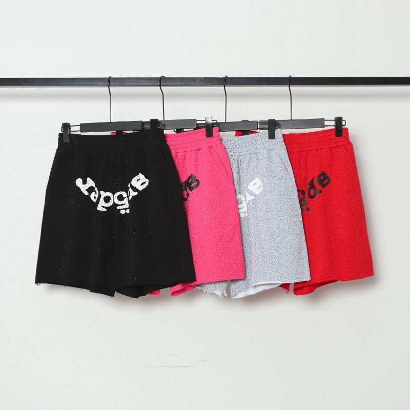 Spder hip hop singer youngthug foam letter couple short-sleeved t-shirt full of diamonds shorts
