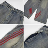 Unisex Jeans Striped Splicing Old Jeans Loose Versatile Casual