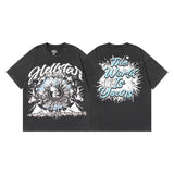 Ss american skull washed and distressed letter loose plus size short sleeve streetwear t-shirt - men's trendy style