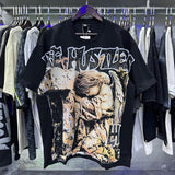 Meichao life husters masked tattoo angel print hotfix rhinestone lettering oversized casual short sleeve t-shirt