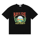Rhude T Shirts Sunset Beach Pattern Printed Cotton Casual Short Sleeves Men and Women
