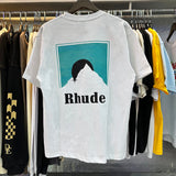 Rhude T Shirts Blue Sunset Print Cotton Casual Short Sleeve Men and Women