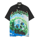 Cross-border wholesale high version gods short-sleeved heavy weight washed fog high street skull pure cotton printed round