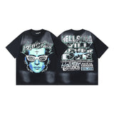 Ss american skull washed and distressed letter loose plus size short sleeve streetwear t-shirt - men's trendy style