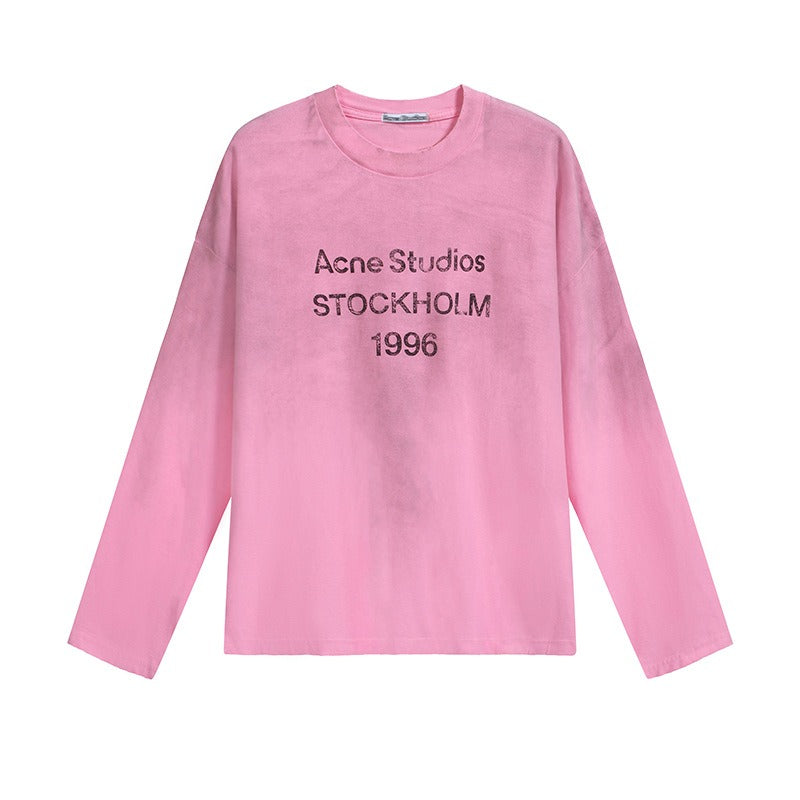 A western washed and distressed old letter printing high street long-sleeved loose couple cross-border t