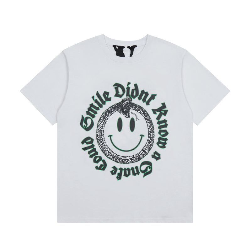 Vlone T Shirt Spring Summer Smiley Letter Pattern Crew Neck