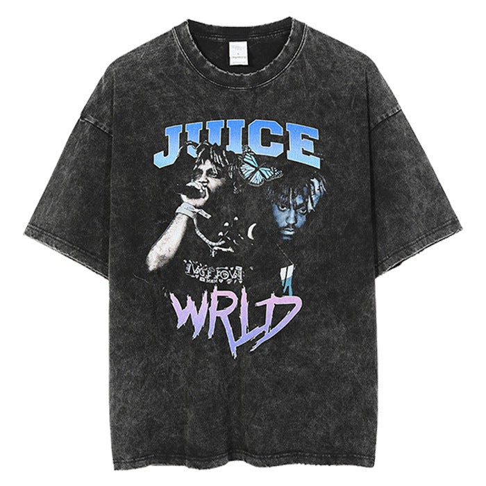 Hip Hop Rapper T Shirt Printed Short Sleeve T-shirt Loose Washed-out Distressed