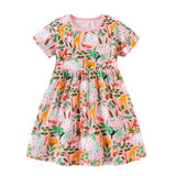 Girl Dress Girls' Summer Knitted Cotton Cartoon Printed Short Sleeve Princess Dress round Neck Dress