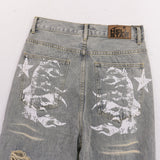 HS jeans Ripped and Repaired: Vintage Washed Denim Jeans with Distressed Style