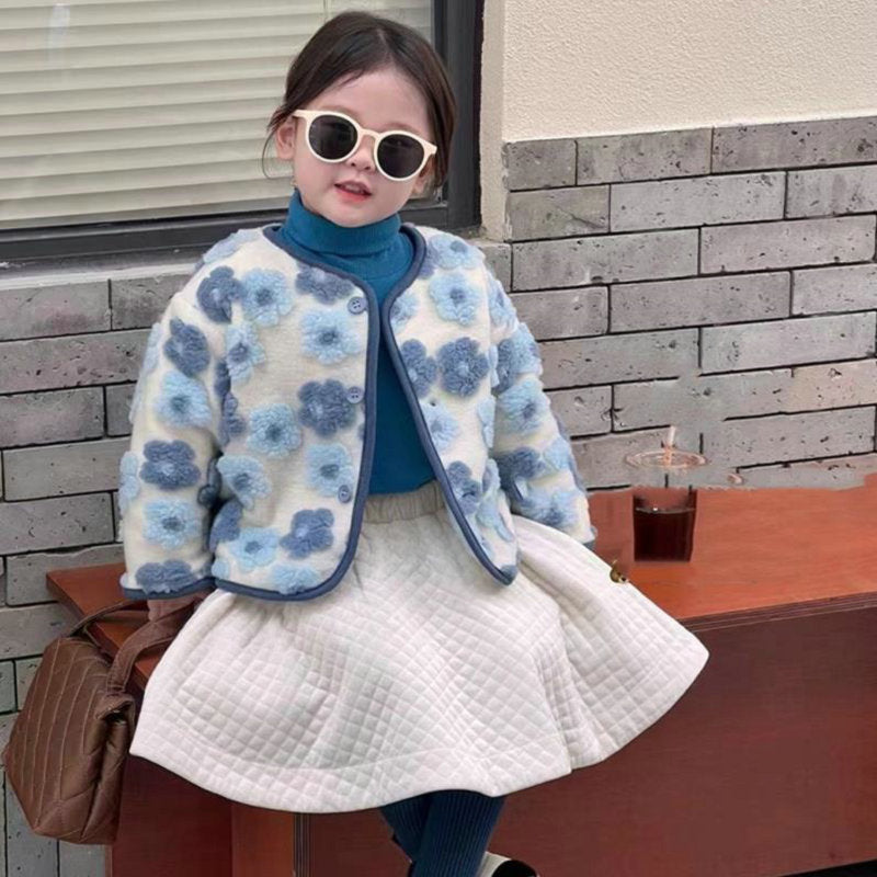 Girl Jacket Three-Dimensional Flower Fleece Padded Coat