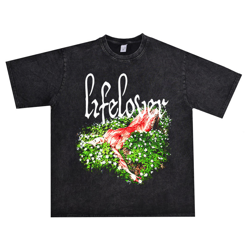 Rock Star T Shirt Lifelover Band Washed Distressed Printed T-shirt Short Sleeve Loose
