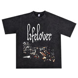 Rock Star T Shirt Lifelover Band Washed Distressed Printed T-shirt Short Sleeve Loose