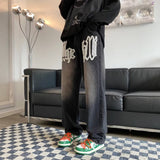 Unisex Jeans Vintage Foam Printed Jeans Loose Large Size Straight Wide Leg Pants Trousers