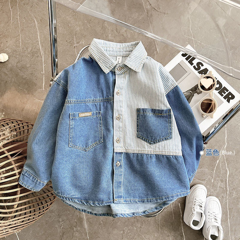 Boy Jacket Spring and Autumn Clothing Boys' Fried Street Striped Contrast Color Soft Denim Shirt Children's Baby Thin Shirt