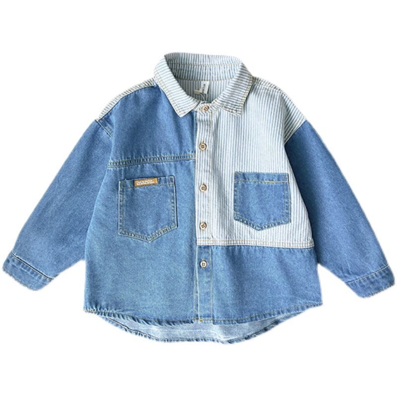 Boy Jacket Spring and Autumn Clothing Boys' Fried Street Striped Contrast Color Soft Denim Shirt Children's Baby Thin Shirt