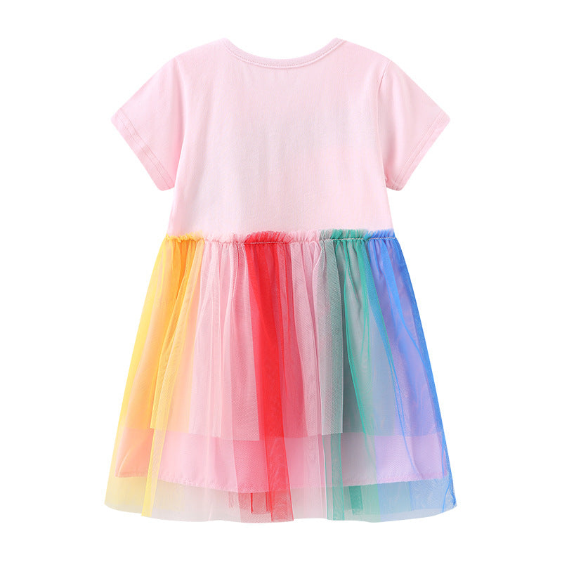 Girl Dress Summer Dress Cartoon Printed Mesh Princess Dress round Neck Children's Clothing