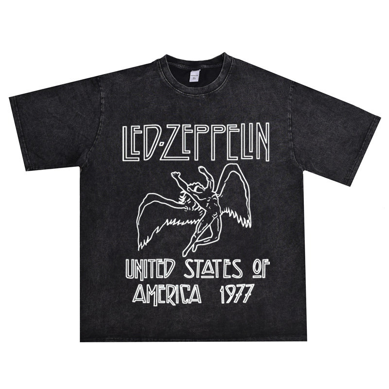 Rock Star T Shirt Zeppelin Airship Rock Team Washed Distressed T-shirt Loose Short Sleeve Men