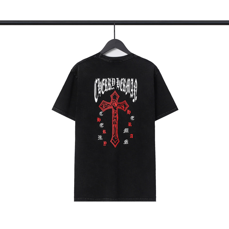 CHH Chrome Heart T Shirts Cross Sanskrit Printed Crew Neck Washed Short Sleeve Fashion T-Shirt