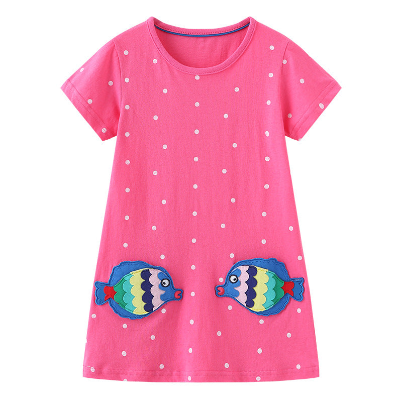 Girl Dress Girls' Summer Knitted Cotton round Neck Embroidered Princess Dress Cute Pocket