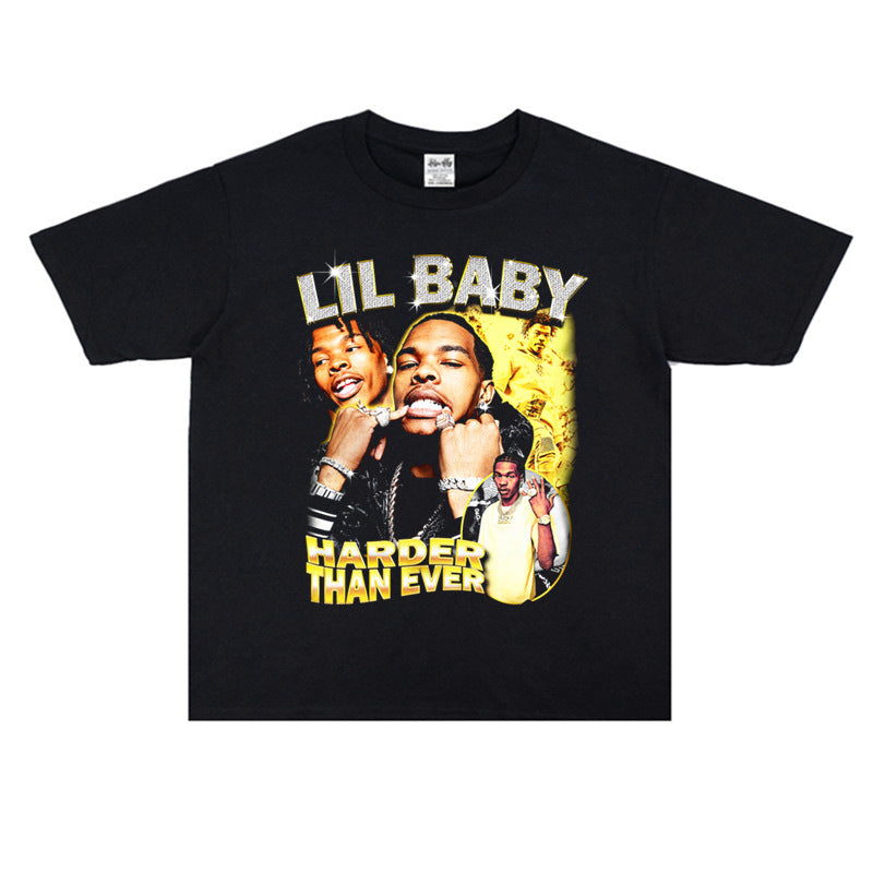 Rock Star T Shirt Rapper Male Singer Lil Baby Print Crew Neck T-shirt Short Sleeves Loose Cotton