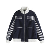 Unisex Baseball Jersey Striped Sports Jacket Vintage Loose Casual Stand-Up Top