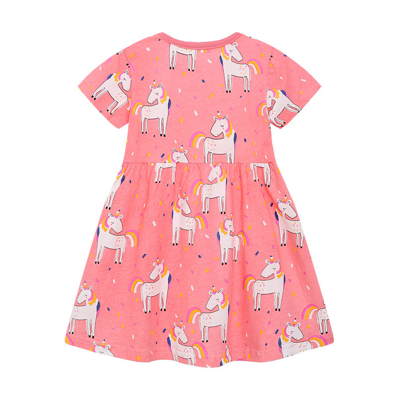 Girl Dress Girls' Short-Sleeved Dress Summer Cartoon Printed Knitted Cotton round Neck Children Shirt