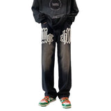 Unisex Jeans Vintage Foam Printed Jeans Loose Large Size Straight Wide Leg Pants Trousers