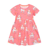 Girl Dress Girls' Short-Sleeved Dress Summer Cartoon Printed Knitted Cotton round Neck Children Shirt