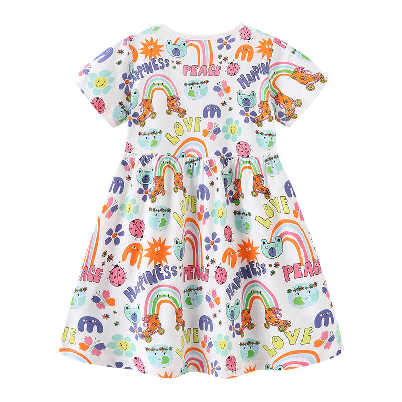Girl Dress Summer Girls' Dress Style Knitted Cotton Cartoon Printed Princess Dress Short Sleeve