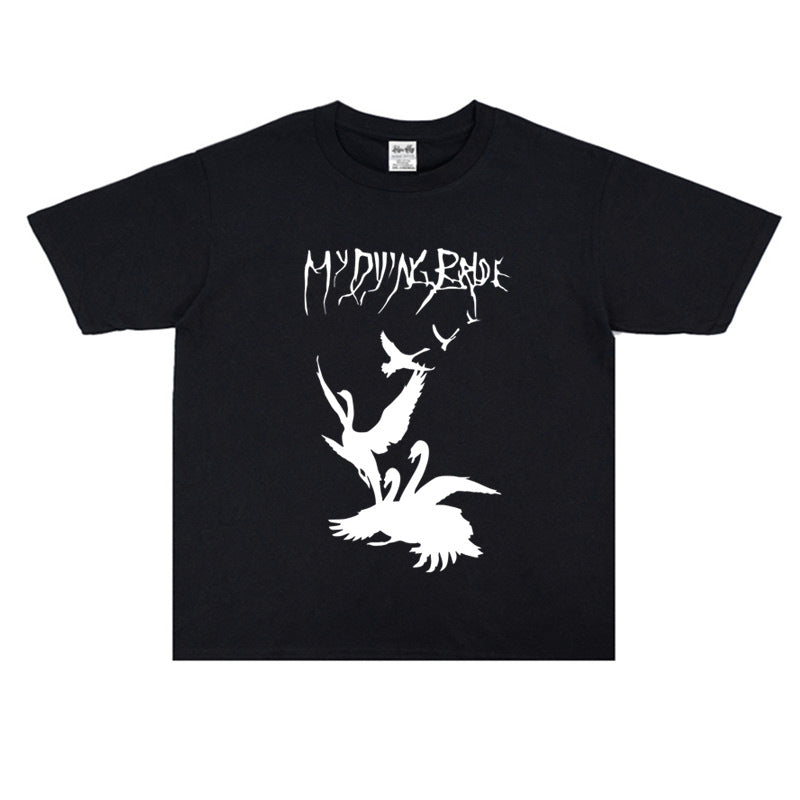 Rock Star T Shirt Swan Band Printed T-shirt Short Sleeve round Neck Men's and Women's Cotton Loose
