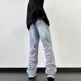 Unisex Jeans Ripped Straight Jeans Loose Wide Leg Pants Casual Trousers