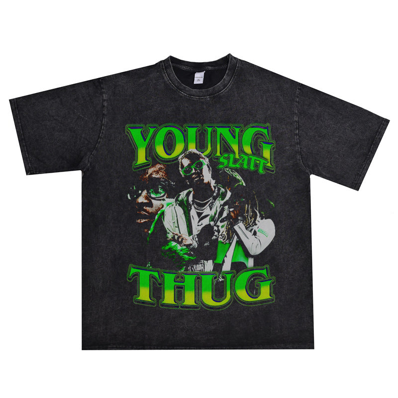 Rock Star T Shirt Washed Distressed Printed T-shirt Short Sleeve Loose Men
