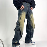 Unisex Jeans Vintage Contrast Jeans Loose Straight Pants Washed Trousers
