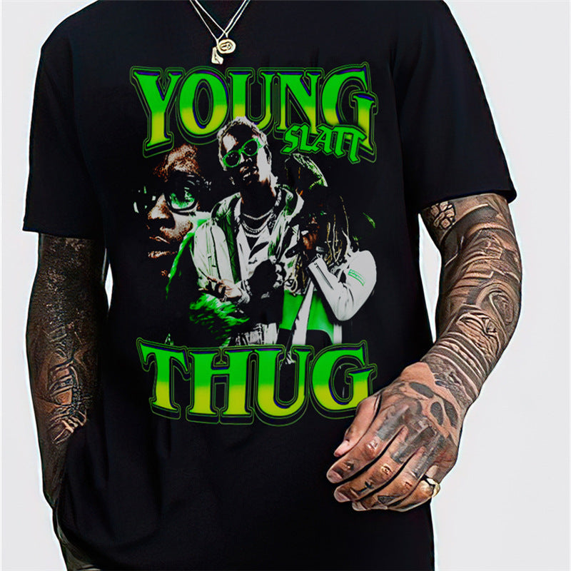 Rock Star T Shirt Washed Distressed Printed T-shirt Short Sleeve Loose Men