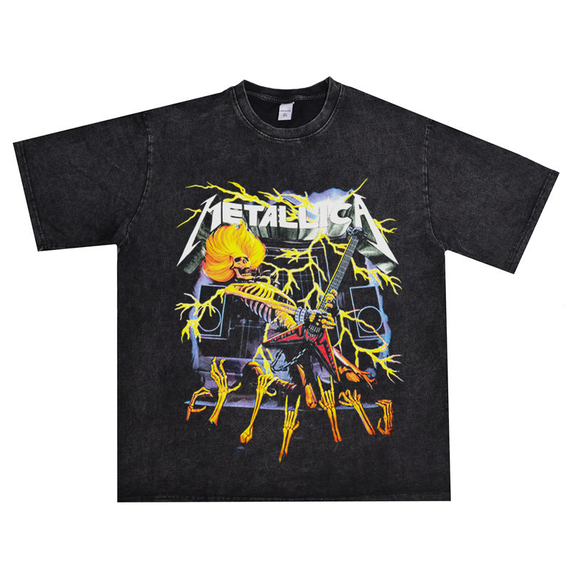 Rock Star T Shirt Metallica Rock Washed Distressed T-shirt Loose Street Men and Women