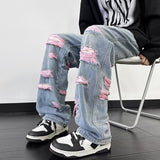 Unisex Jeans Ripped Straight Jeans Loose Wide Leg Pants Casual Trousers