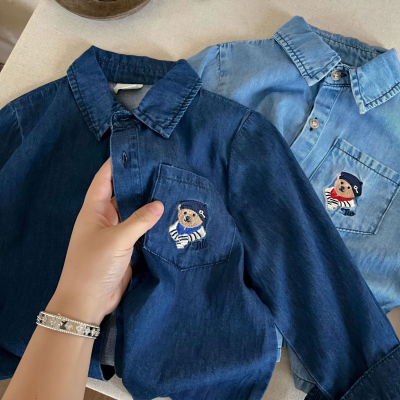 Boy Jacket Boys' Shirt Denim Jacket Spring and Autumn Cotton Western Style Versatile Casual Top