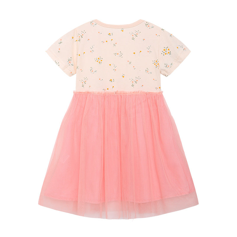 Girl Dress Children Shirt Summer Girls' Dress Cartoon Embroidered Mesh Princess Dress Cute